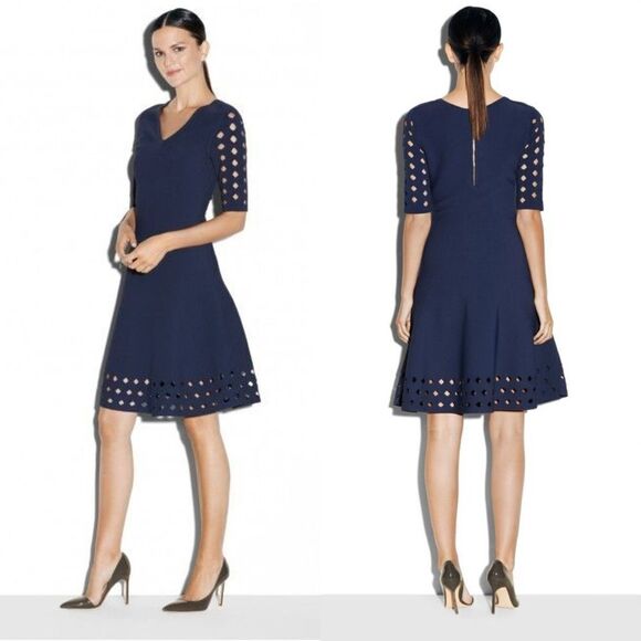 Milly Diamond Pointelle Fit & Flare Dress in Navy blue - Picture 1 of 11
